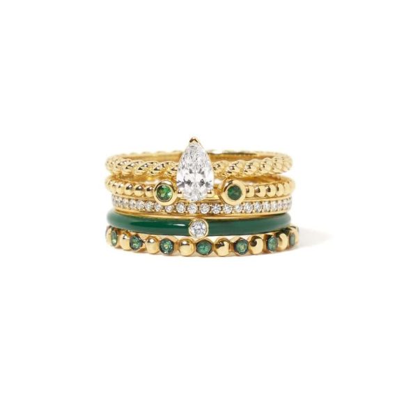 GREEN stack rings, combination of rings in yellow gold with emerald and enamel