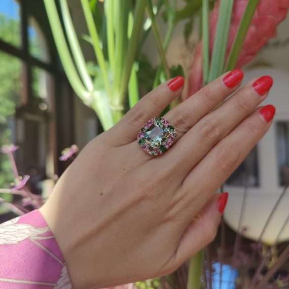 ring green amethyst pink gems