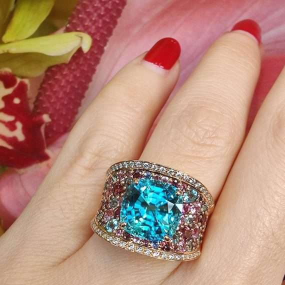 ring pink gems turquoise zirkon diamonds pave ring
