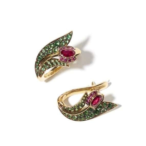 earrings tulips ruby gold tsavorite