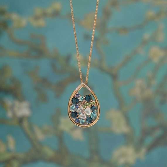 Van Gogh pendant blossom gemstones pink gold