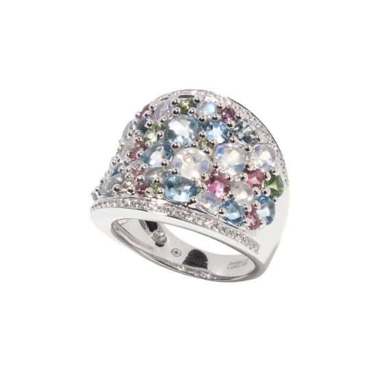 impressionisme pink blue ring. Mixed gem ring with pink blue and rainbow moonstone